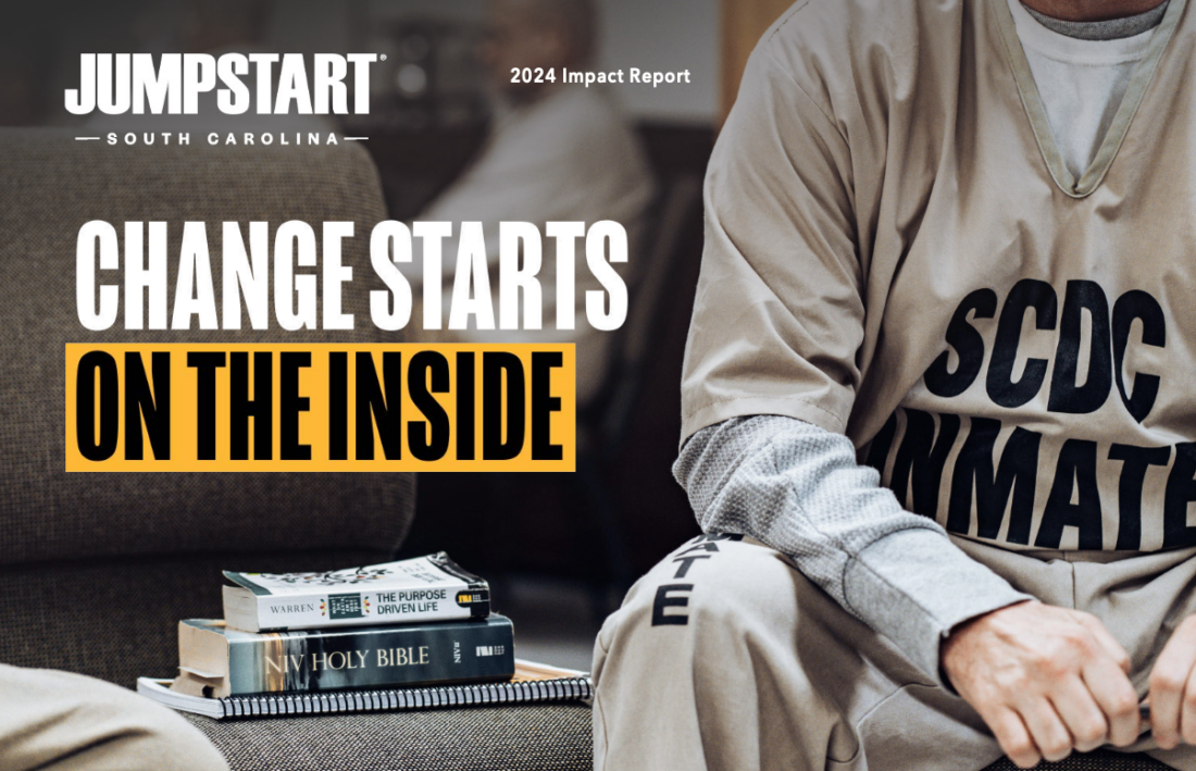 Jumpstart South Carolina 2024 Impact Report — Change Starts on the Inside, featuring an SCDC inmate with a Bible and The Purpose Driven Life