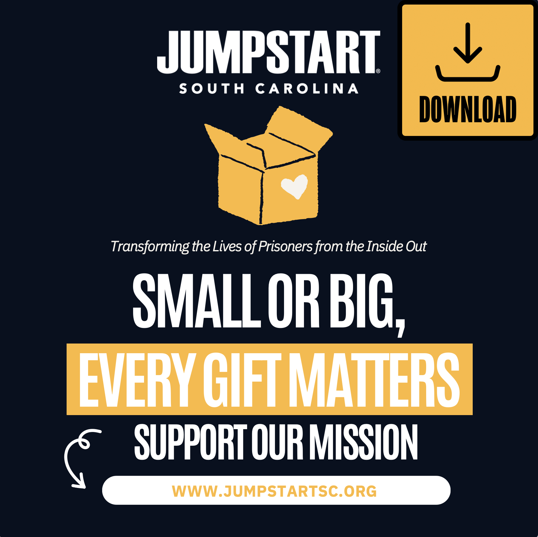 Jumpstart South Carolina donation graphic — Small or big, every gift matters. Support prison ministry and reentry programs at jumpstartsc.org