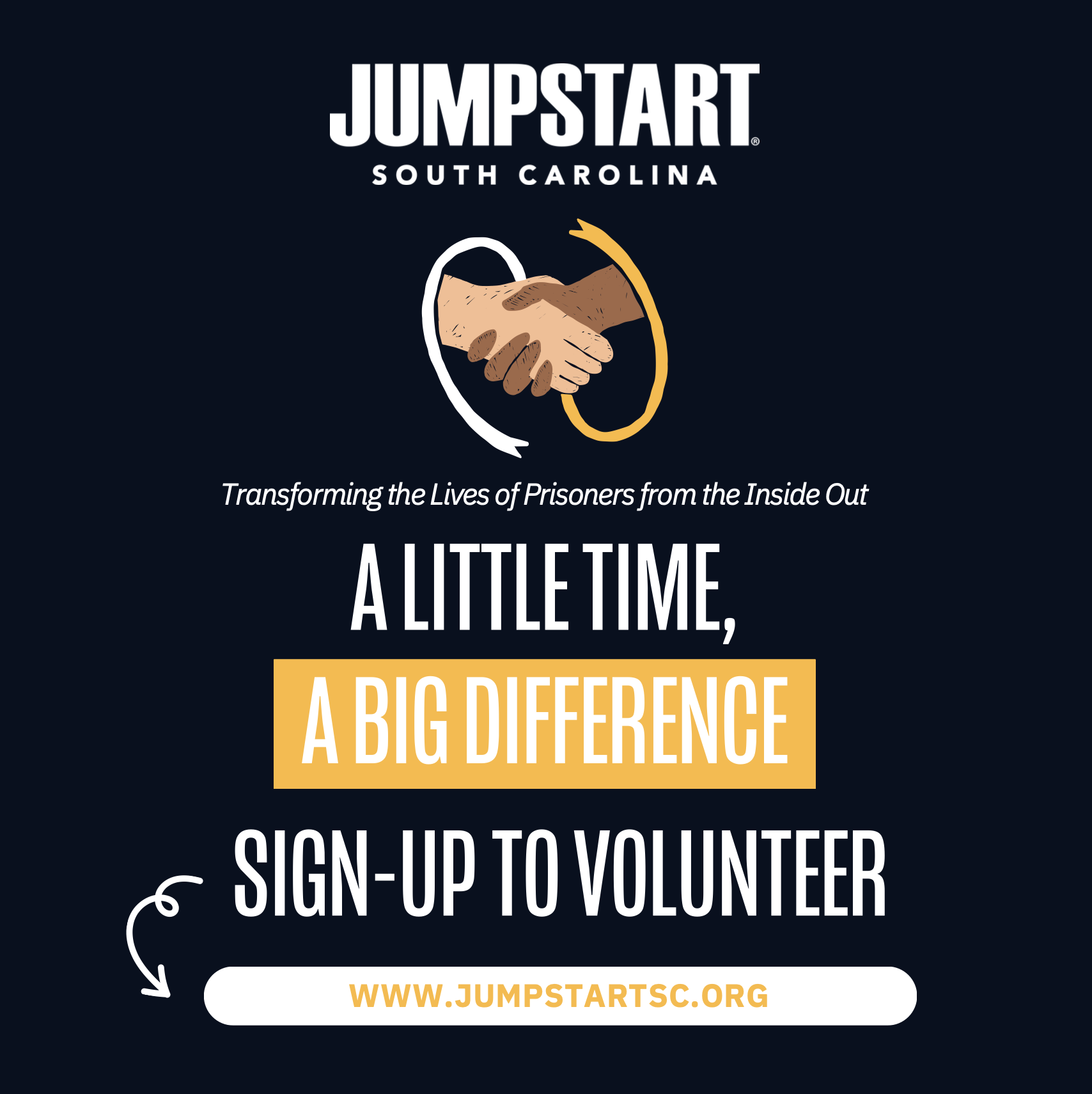 Jumpstart South Carolina volunteer graphic — A little time, a big difference. Sign up to volunteer with prison ministry in South Carolina at jumpstartsc.org